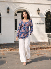 Dark Blue Paisley Printed Cotton Short Kurti