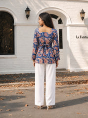 Dark Blue Paisley Printed Cotton Short Kurti