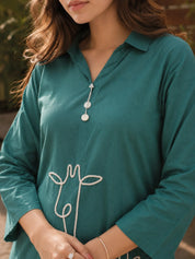 Green Animal Motif Cord Work Kurta Set in Cotton Cambric