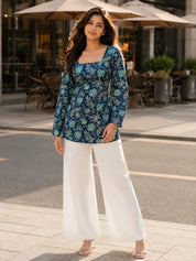 Navy Blue Floral Jaal Printed Cotton Short Kurti