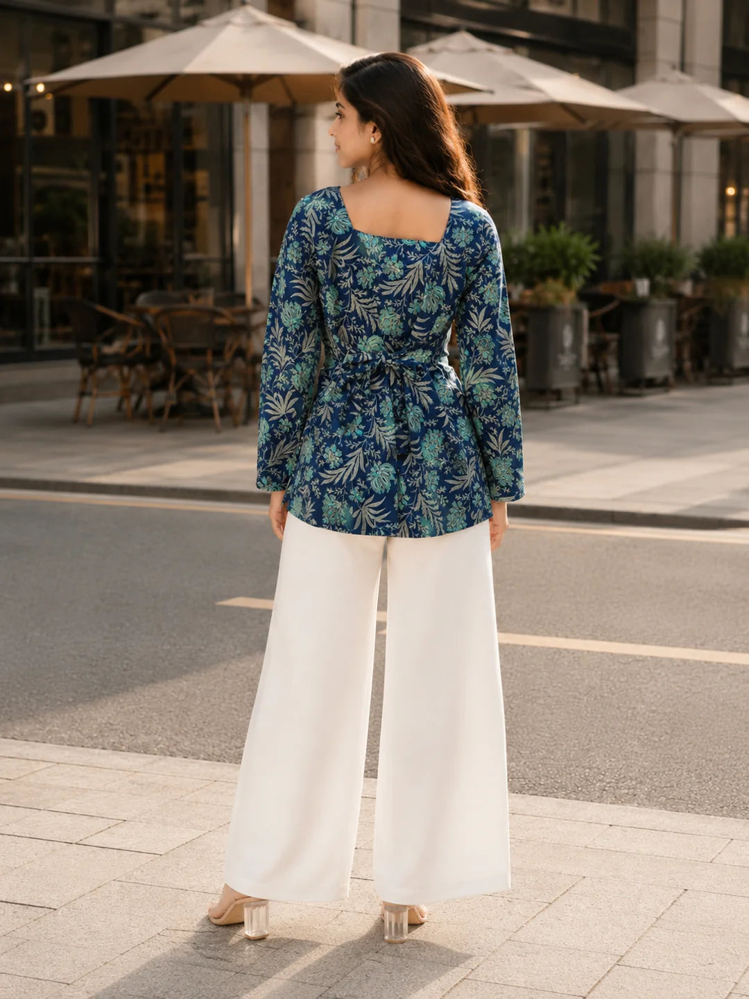 Navy Blue Floral Jaal Printed Cotton Short Kurti