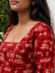 Red Warli Motif Printed Cotton Short Kurti