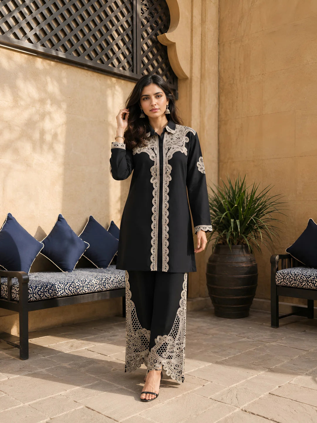 Women's black embroidered co-ord set featuring a beautifully embroidered top and matching pants, perfect for festive occasions, parties, and elegant everyday wear.