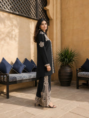 Black Machine-Embroidered Shirt Co-ord Set with Scalloped Cutwork Pants in Rayon