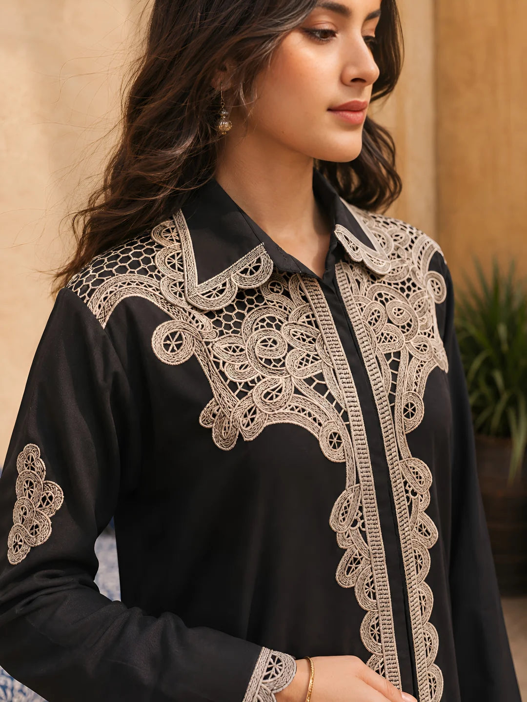 Black Machine-Embroidered Shirt Co-ord Set with Scalloped Cutwork Pants in Rayon