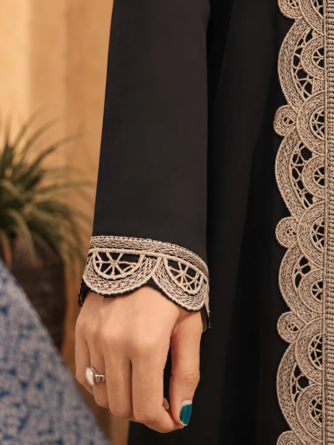 Black Machine-Embroidered Shirt Co-ord Set with Scalloped Cutwork Pants in Rayon