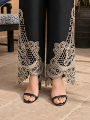 Black Machine-Embroidered Shirt Co-ord Set with Scalloped Cutwork Pants in Rayon