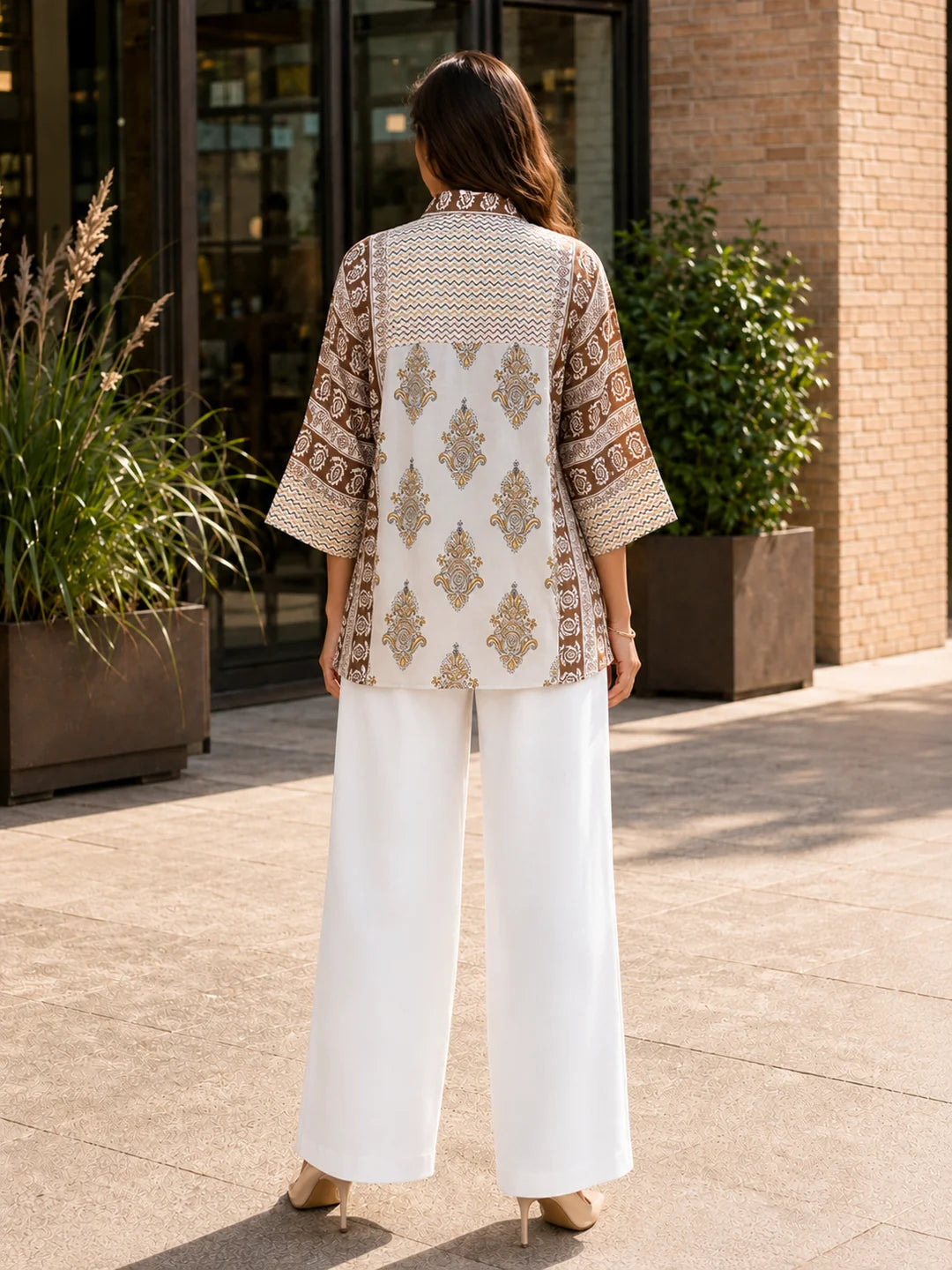 White Printed Mul Chanderi Shirt & Slip Set