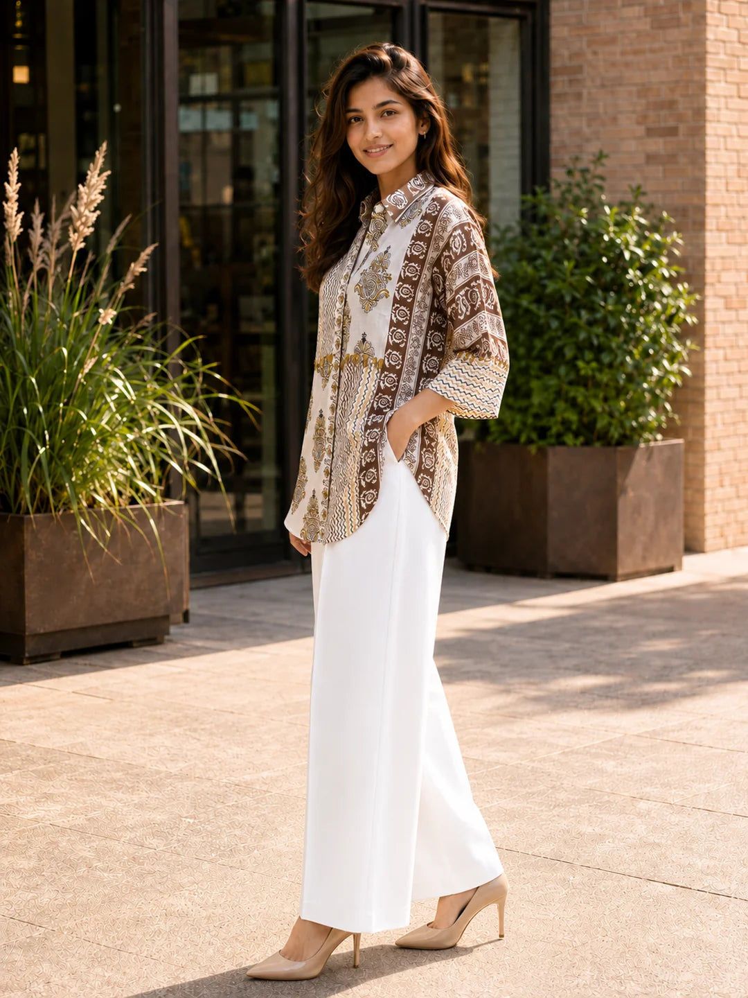 White Printed Mul Chanderi Shirt & Slip Set