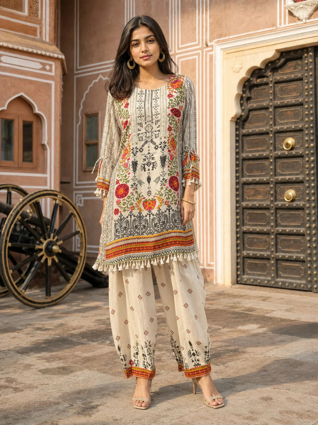 Beige Floral & Geometric Printed Muslin Co-ord Set