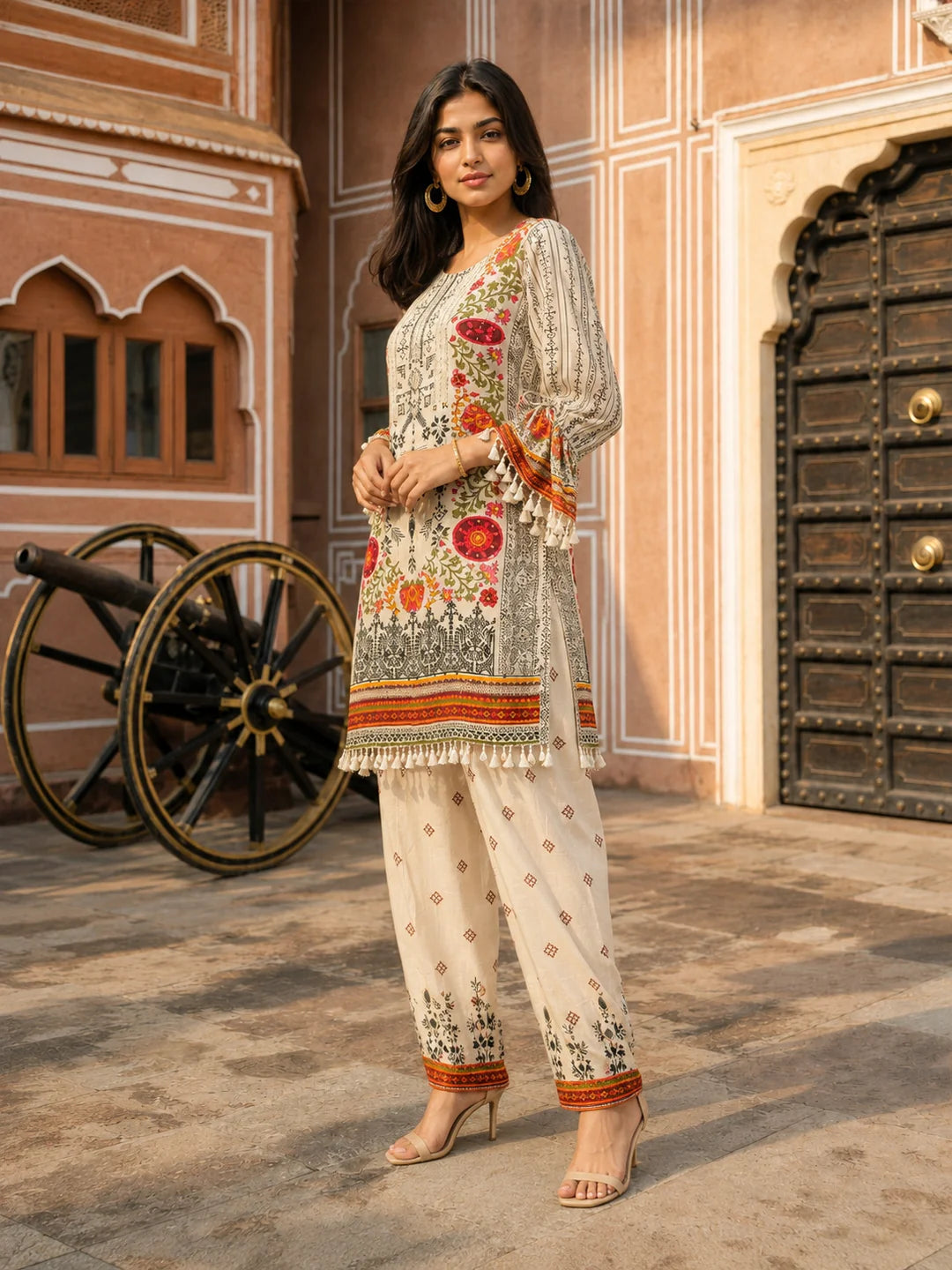 Beige Floral & Geometric Printed Muslin Co-ord Set