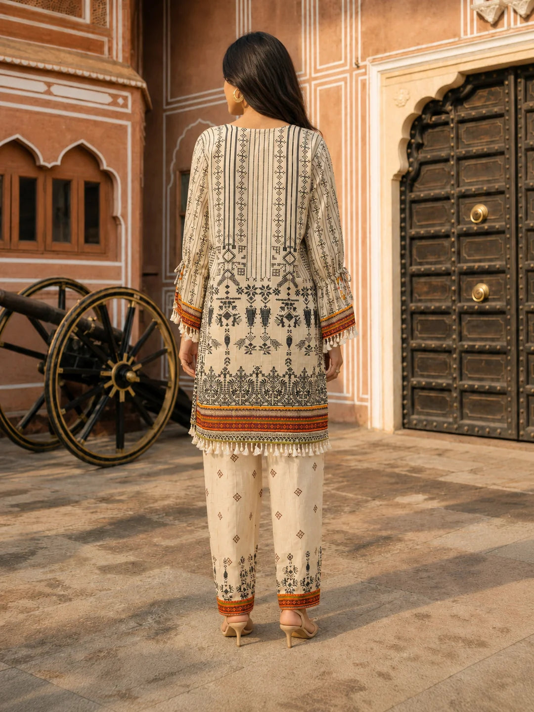 Beige Floral & Geometric Printed Muslin Co-ord Set