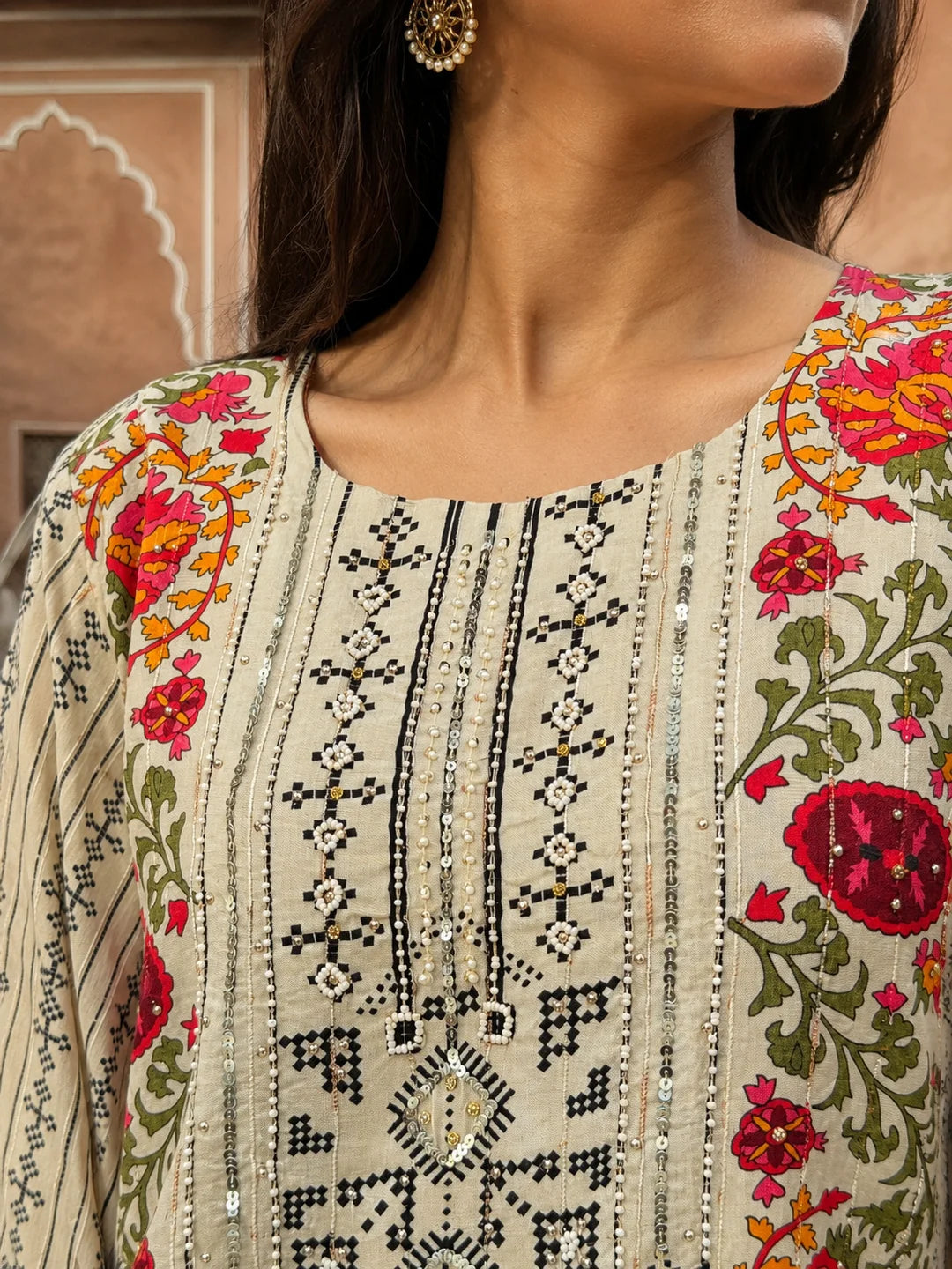 Beige Floral & Geometric Printed Muslin Co-ord Set