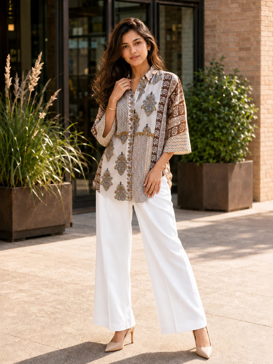 White Printed Mul Chanderi Shirt & Slip Set