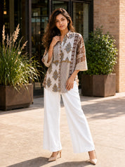 White Printed Mul Chanderi Shirt & Slip Set