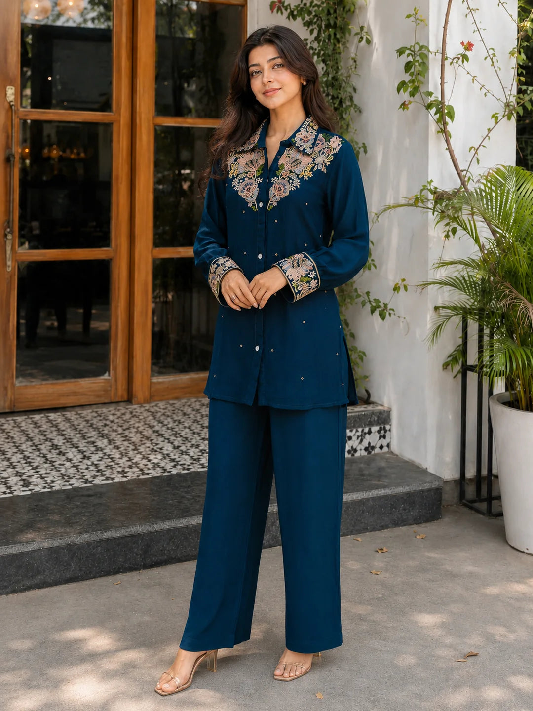 Teal Blue Floral Embroidered Chinnon Co-ord Set