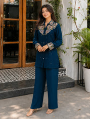 Teal Blue Floral Embroidered Chinnon Co-ord Set