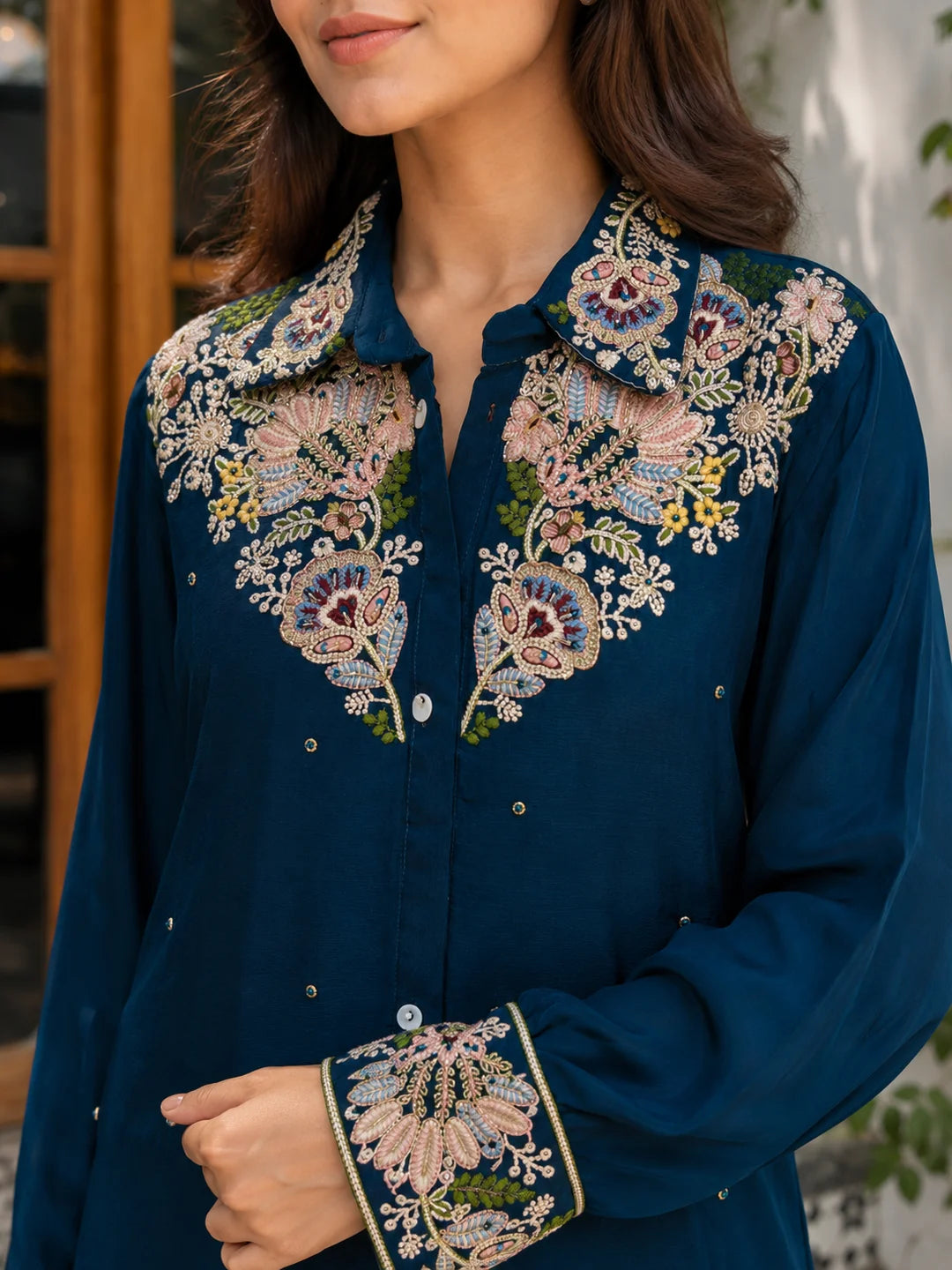 Teal Blue Floral Embroidered Chinnon Co-ord Set
