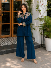 Teal Blue Floral Embroidered Chinnon Co-ord Set