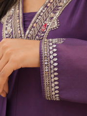 Purple Embroidered 3 Pc Anarkali Kurta Set with Dupatta in Mul Chanderi