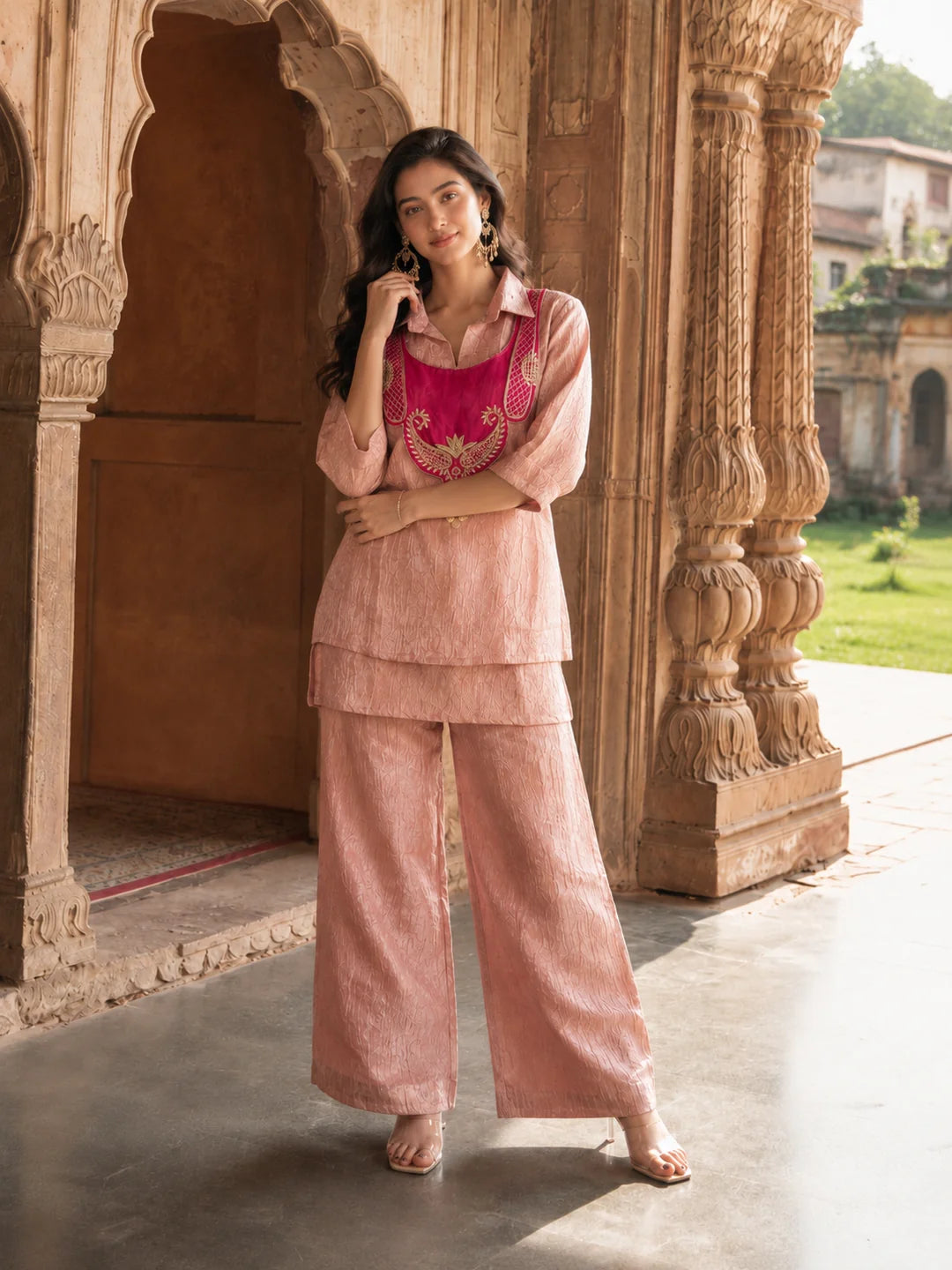 Pink 3 Pc Tissue Set with Embroidered Vest