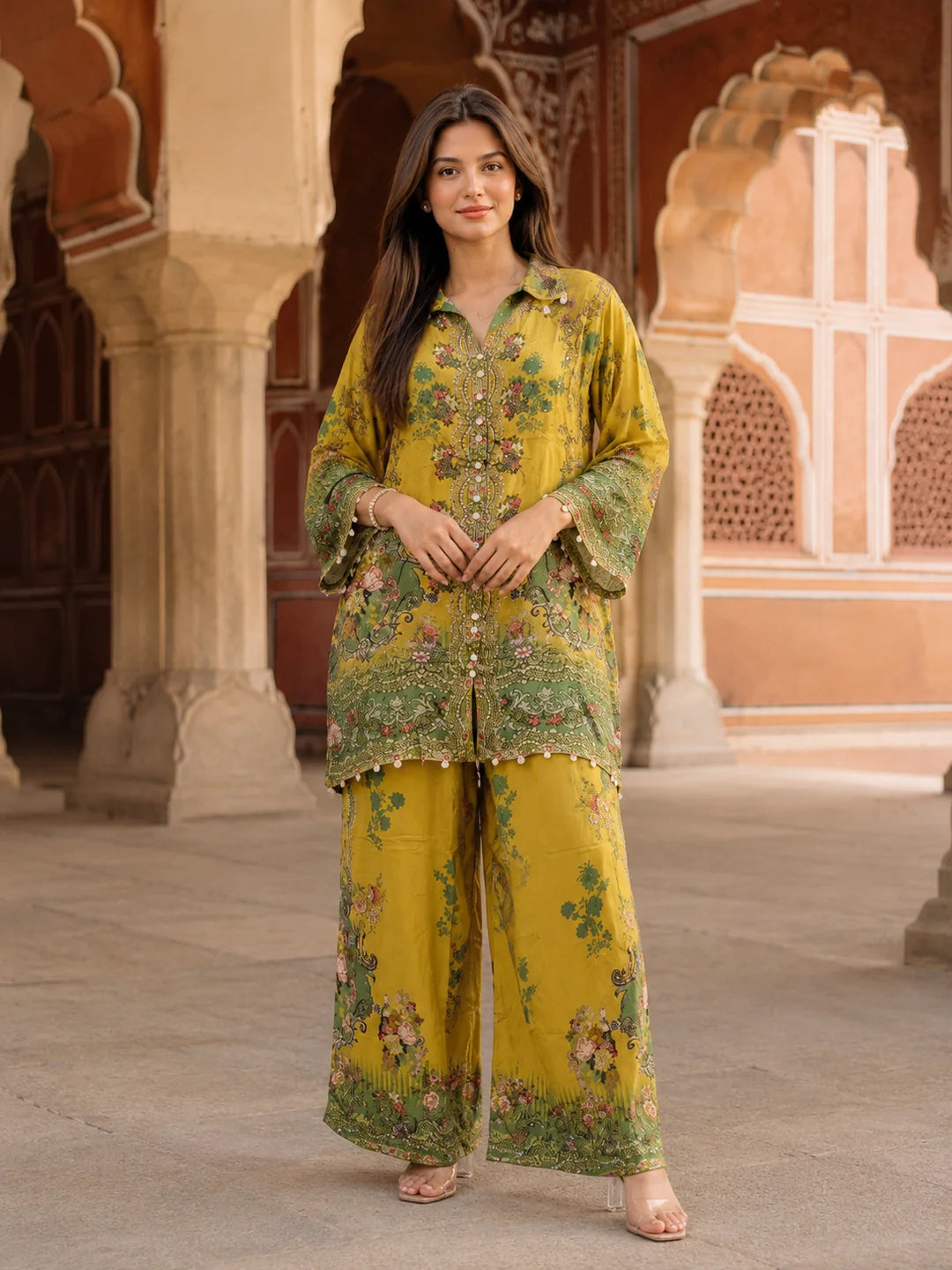 Yellow and Green Printed 3 Pc Co-ord Set in Crepe