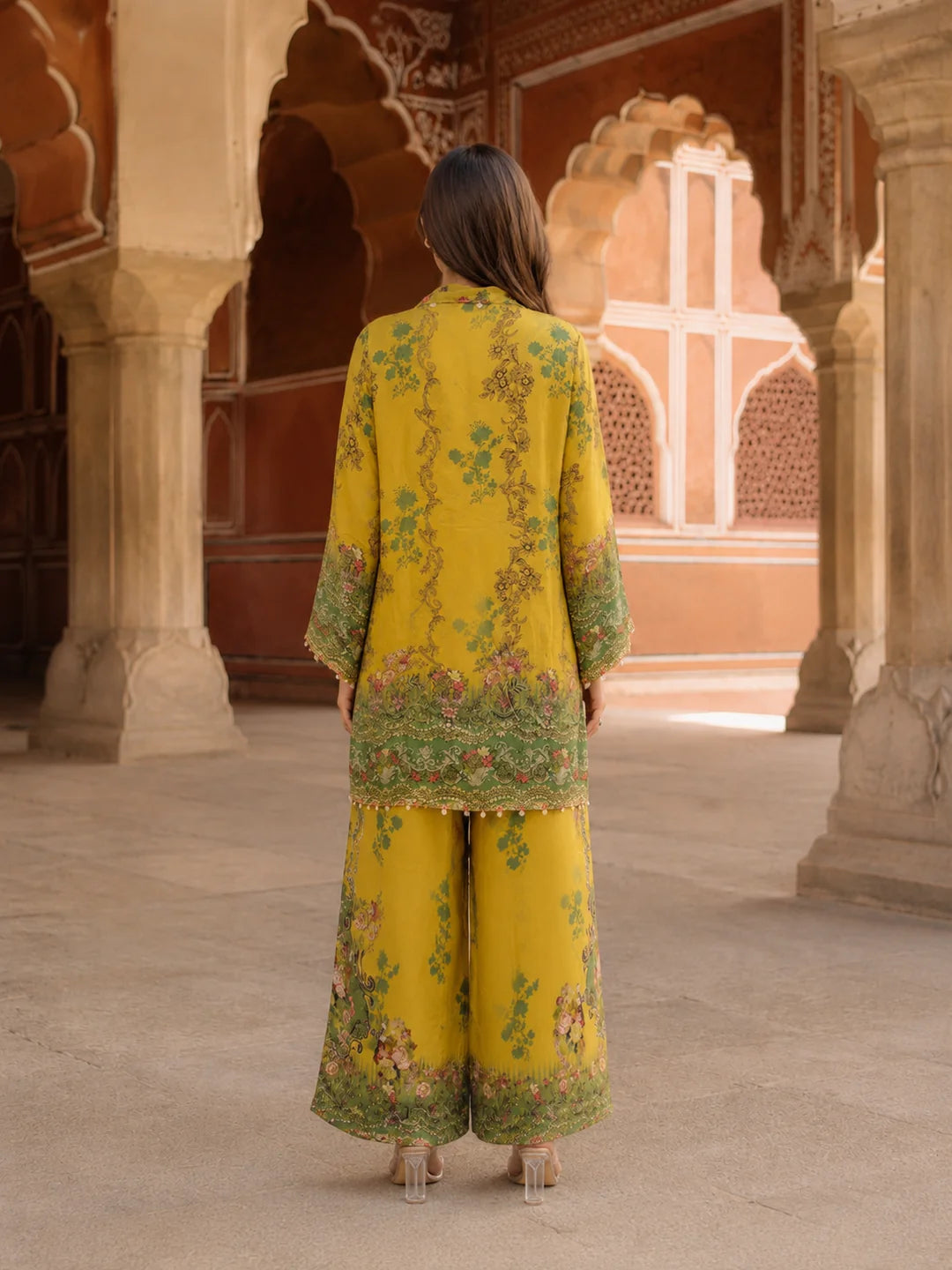 Yellow and Green Printed 3 Pc Co-ord Set in Crepe