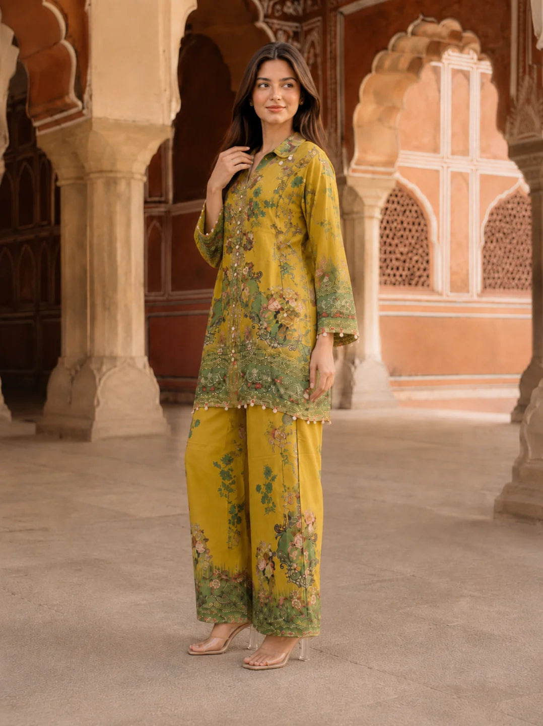 Yellow and Green Printed 3 Pc Co-ord Set in Crepe