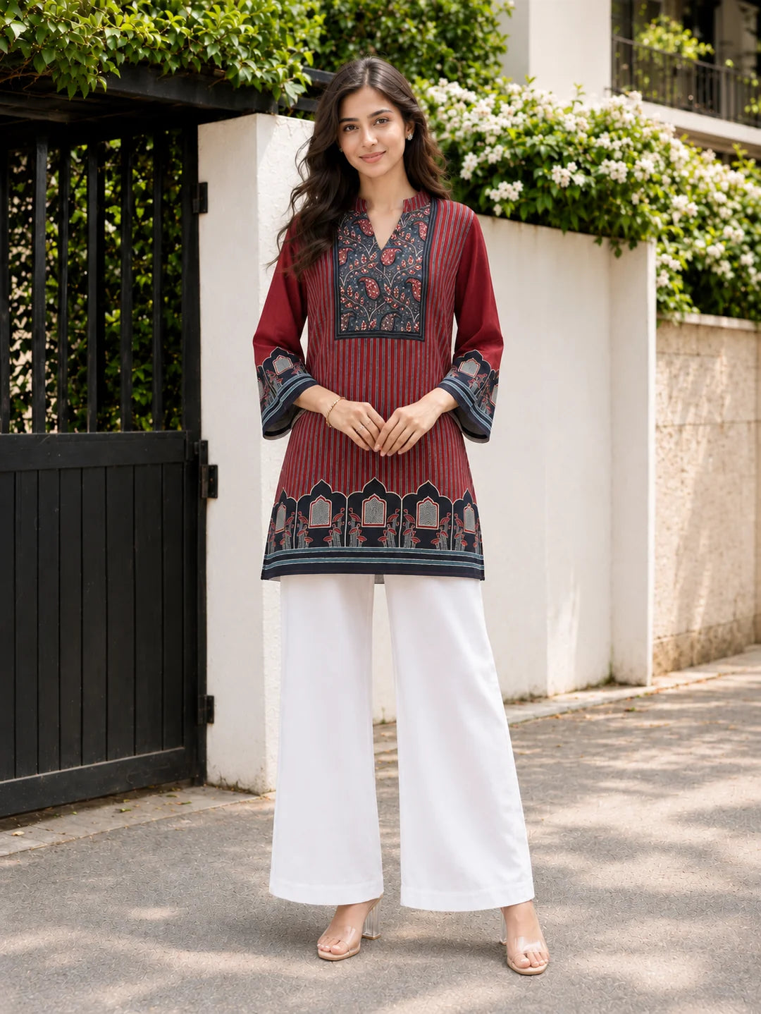 Maroon Pinstriped Mughal Window Printed Crepe Tunic