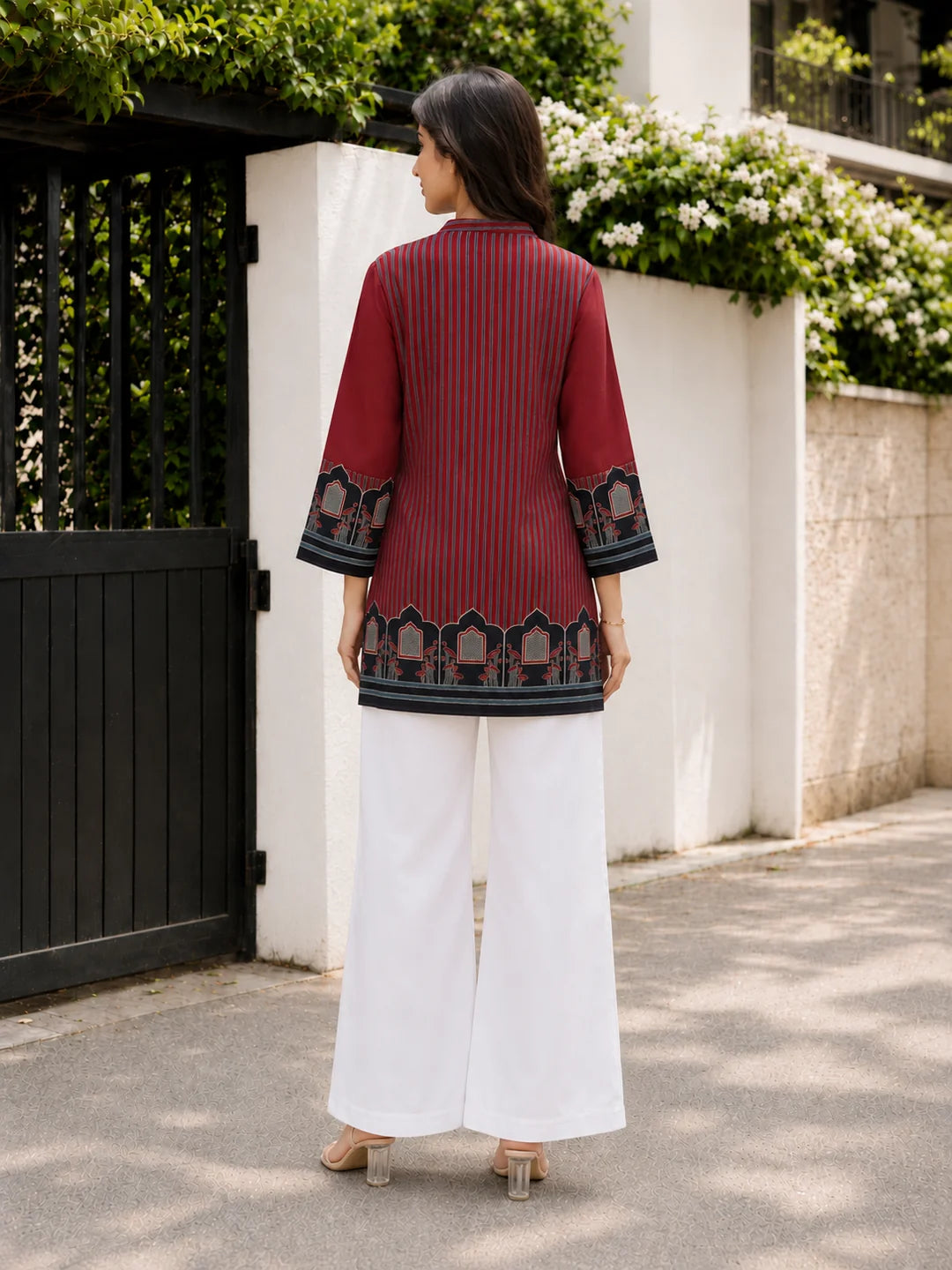 Maroon Pinstriped Mughal Window Printed Crepe Tunic