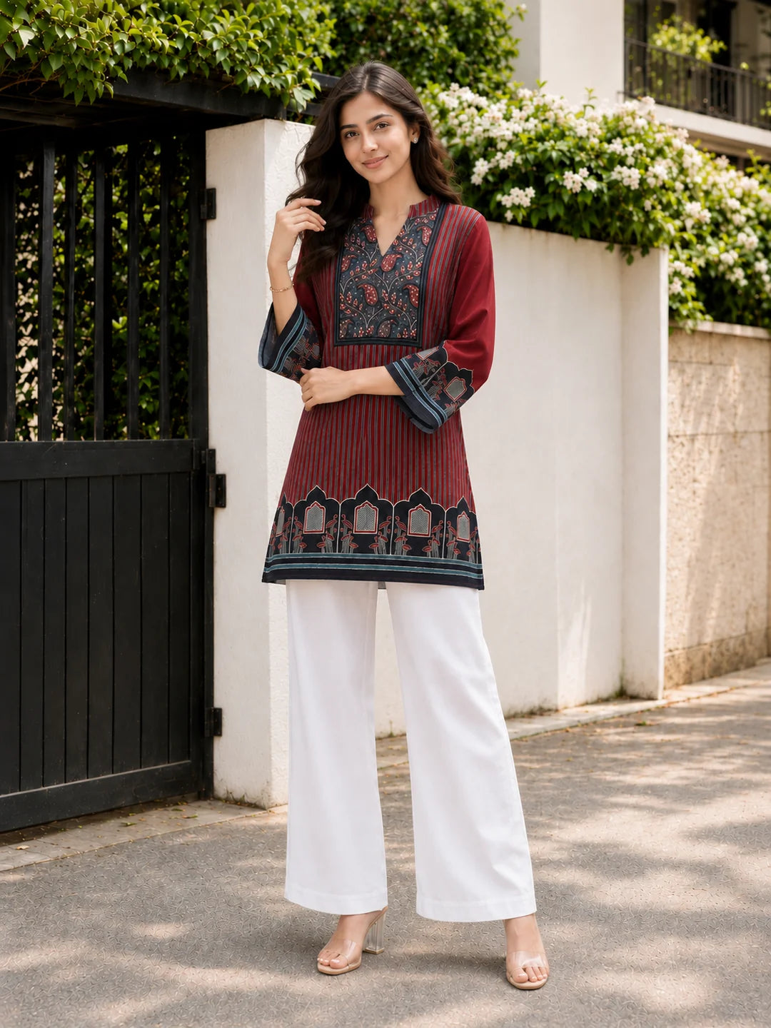 Maroon Pinstriped Mughal Window Printed Crepe Tunic