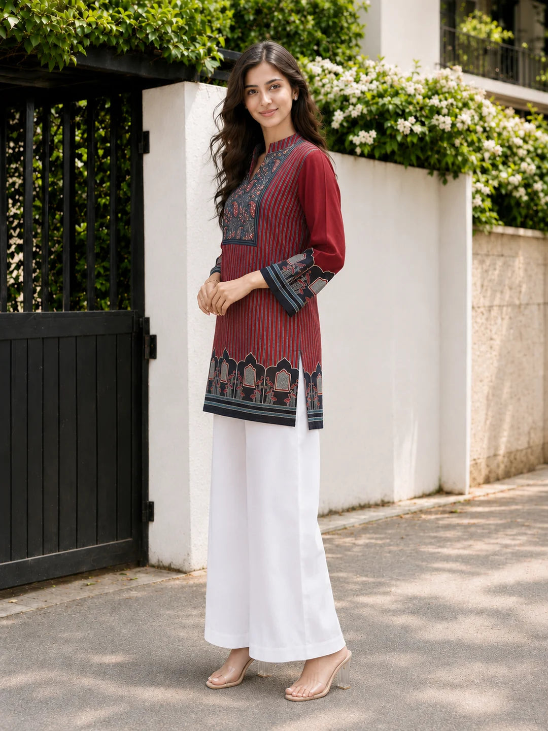 Maroon Pinstriped Mughal Window Printed Crepe Tunic