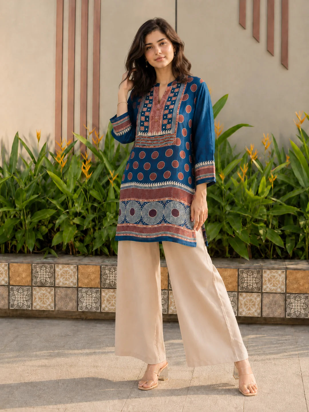 Dark Blue & Maroon Geometric Printed Crepe Tunic