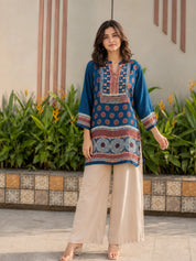 Dark Blue & Maroon Geometric Printed Crepe Tunic