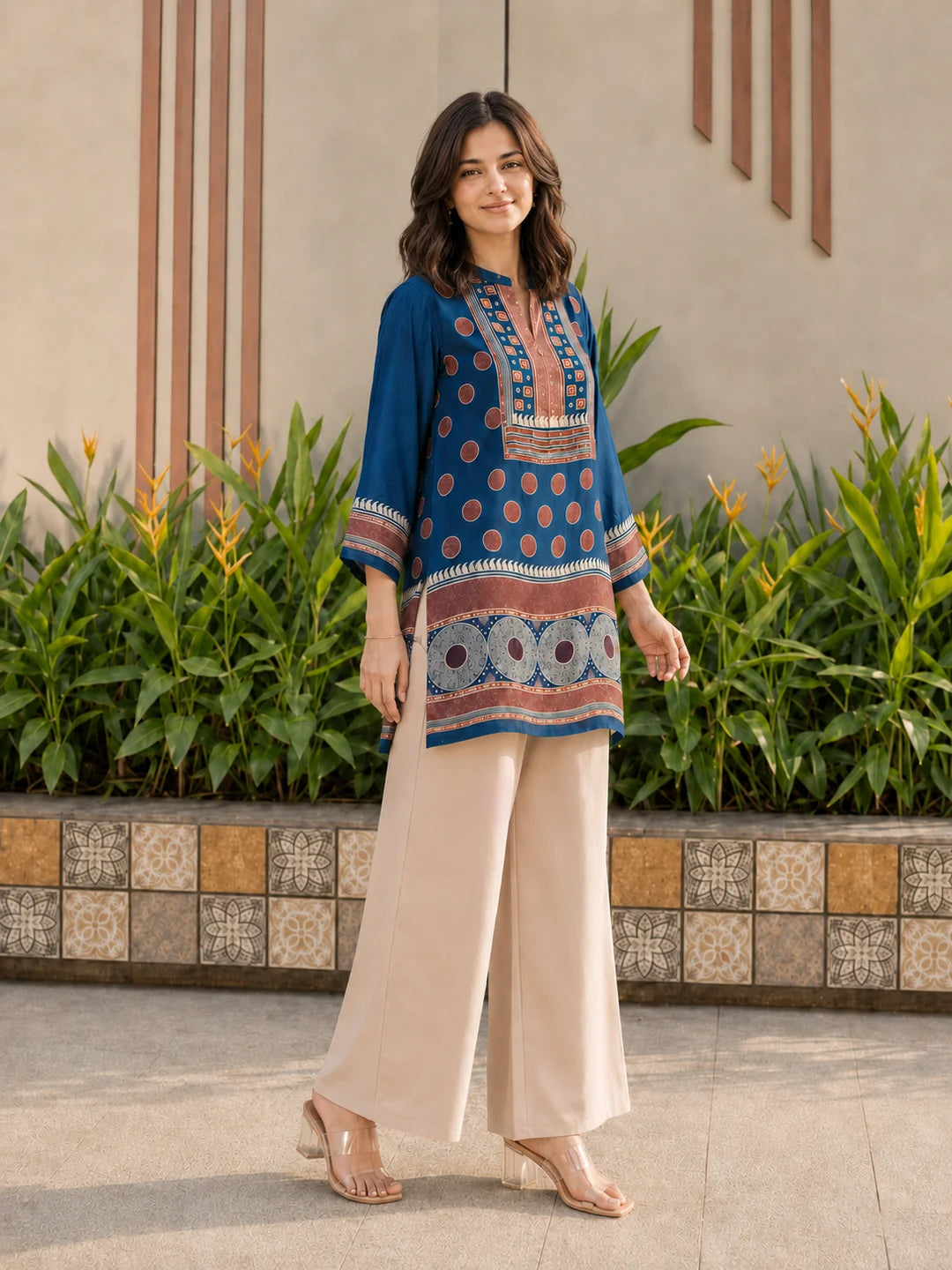 Dark Blue & Maroon Geometric Printed Crepe Tunic