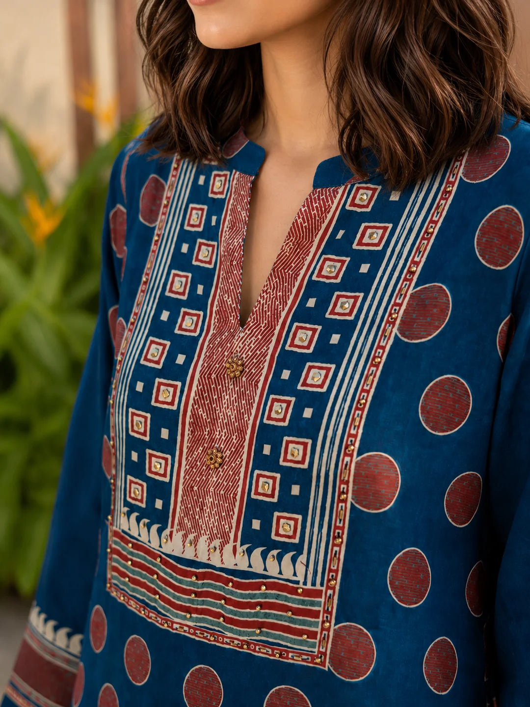 Dark Blue & Maroon Geometric Printed Crepe Tunic