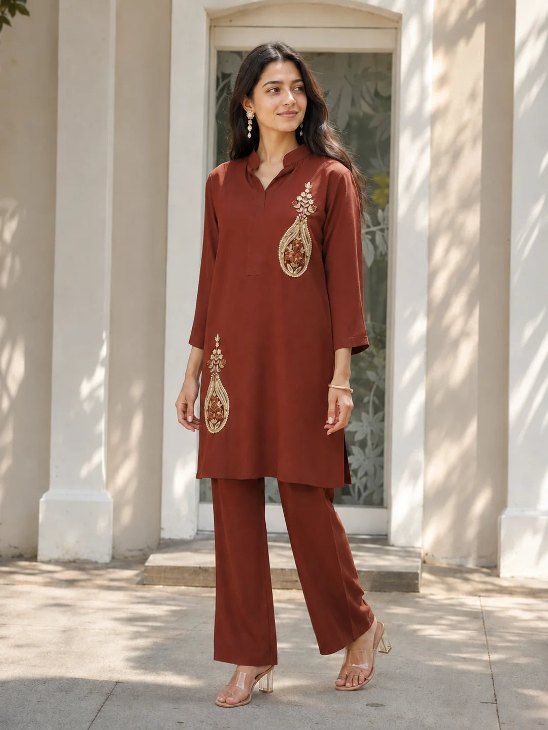 Brown Embroidered Coord Set in Mul Chanderi