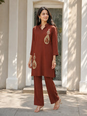 Brown Embroidered Coord Set in Mul Chanderi