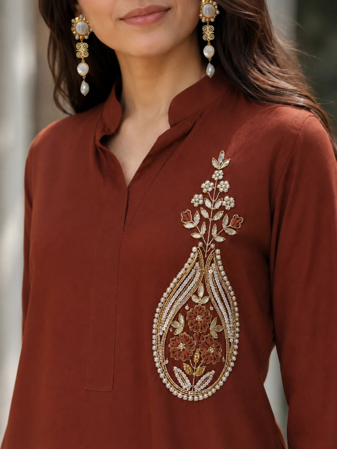 Brown Embroidered Coord Set in Mul Chanderi