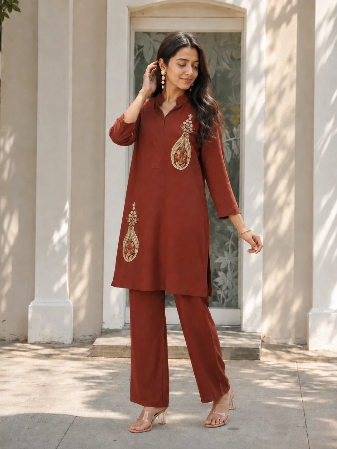 Brown Embroidered Coord Set in Mul Chanderi