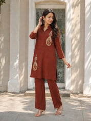 Brown Embroidered Coord Set in Mul Chanderi