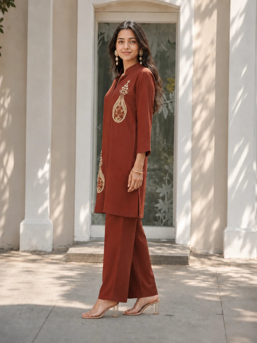 Brown Embroidered Coord Set in Mul Chanderi