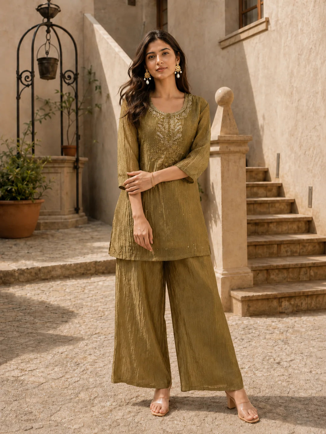 Shimmery Olive Embroidered Coord Set in Crushed Tissue