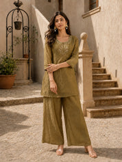Shimmery Olive Embroidered Coord Set in Crushed Tissue