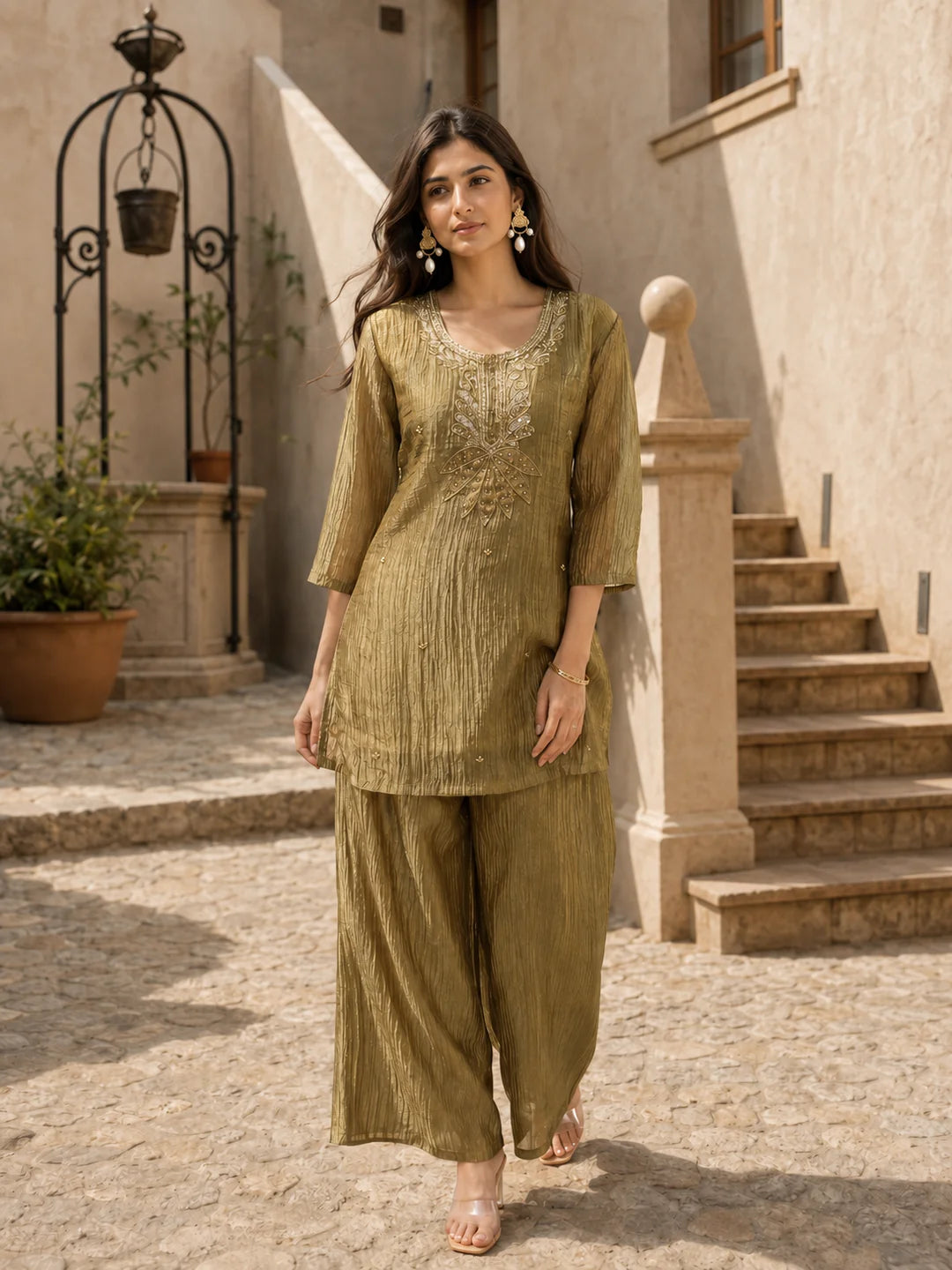 Shimmery Olive Embroidered Coord Set in Crushed Tissue