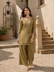 Shimmery Olive Embroidered Coord Set in Crushed Tissue