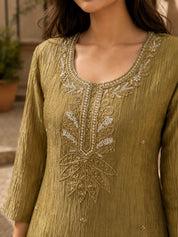 Shimmery Olive Embroidered Coord Set in Crushed Tissue