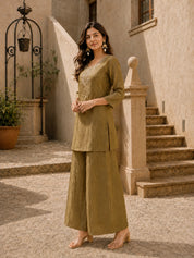 Shimmery Olive Embroidered Coord Set in Crushed Tissue