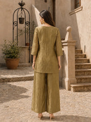 Shimmery Olive Embroidered Coord Set in Crushed Tissue