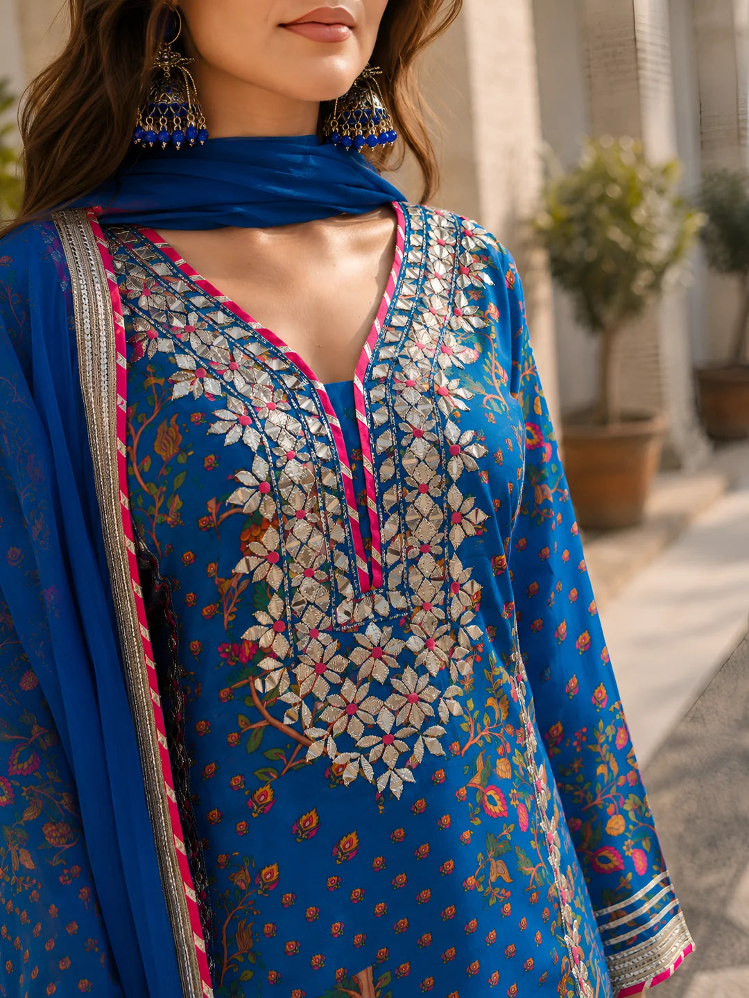Dark Blue Embroidered 3 Pc Sharara Set in Pure Bamberg Muslin with Chiffon Dupatta